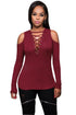 Sexy Burgundy Long Sleeve Cut-out Shoulder Ribbed Top